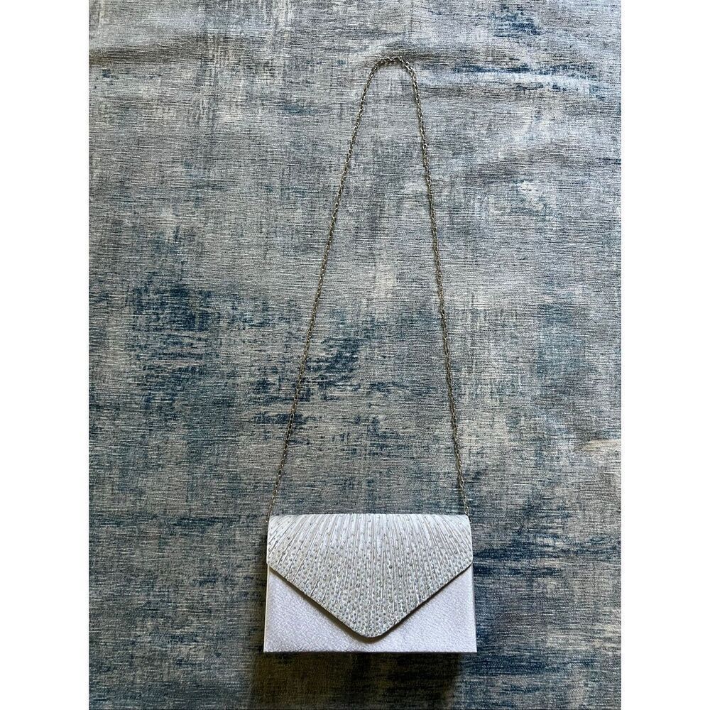 Silver Satin Rhinestone Envelope Evening Clutch w Removable Shoulder Chain Bag